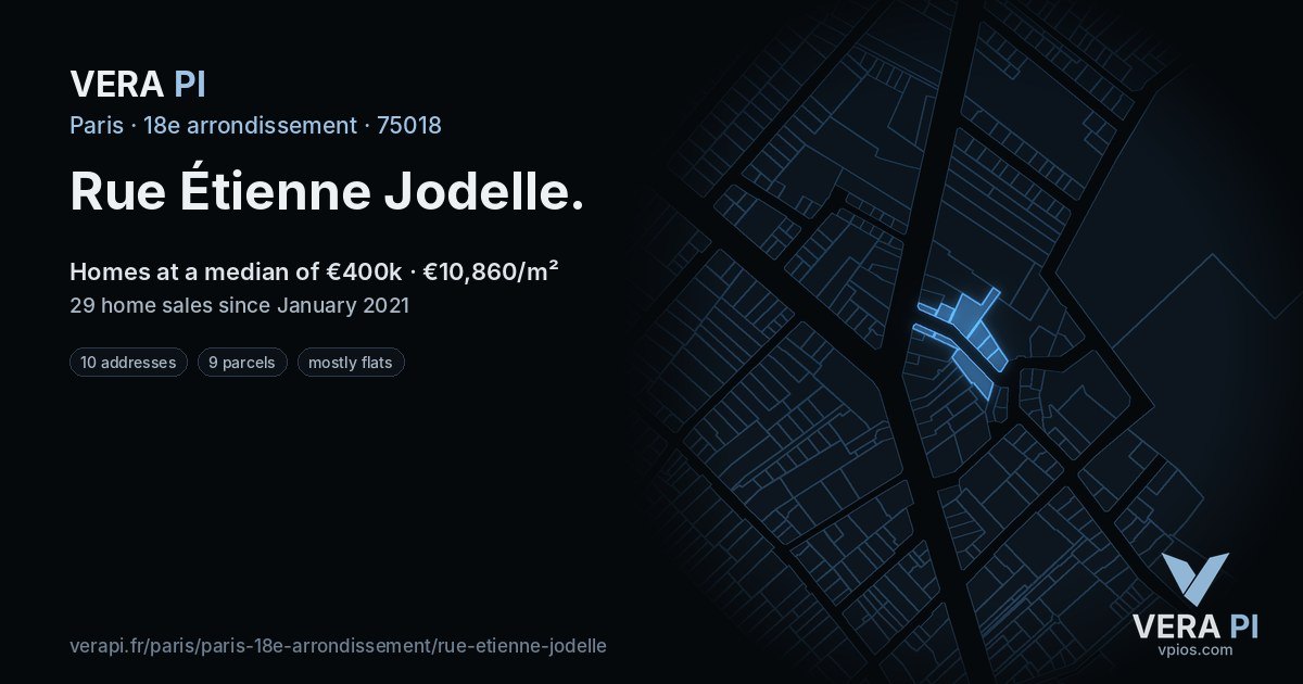 Rue Étienne Jodelle, 18e arrondissement at night – every parcel coloured by the prices around it, the street's own parcels lit