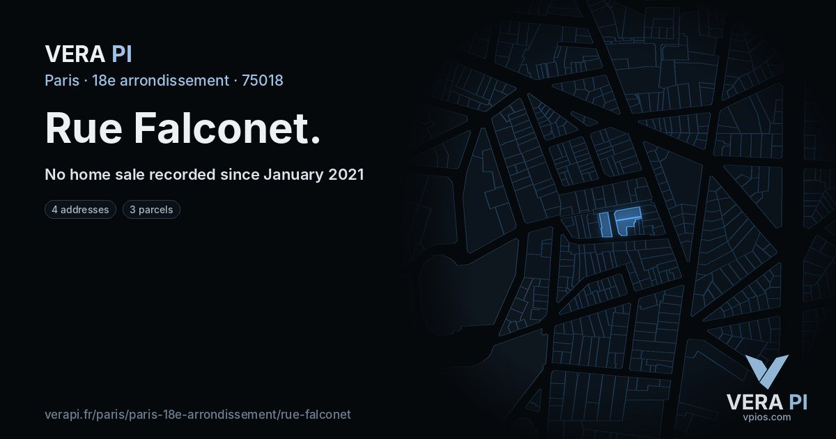 Rue Falconet, 18e arrondissement at night – every parcel coloured by the prices around it, the street's own parcels lit