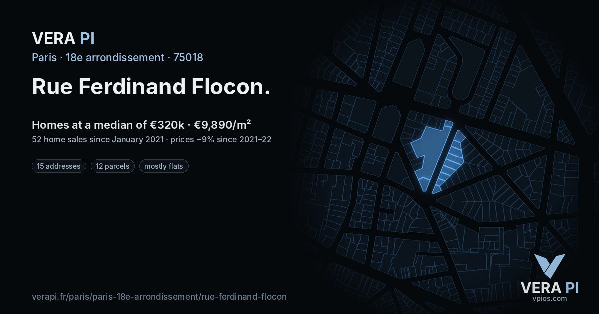 Rue Ferdinand Flocon, 18e arrondissement at night – every parcel coloured by the prices around it, the street's own parcels lit