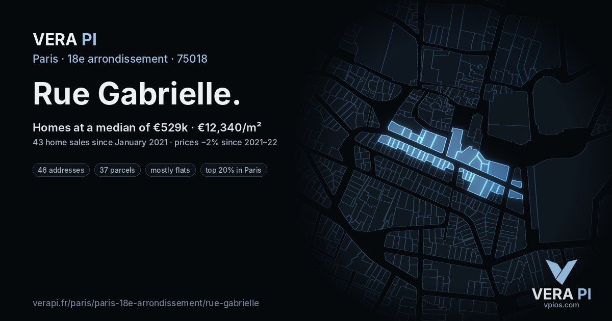 Rue Gabrielle, 18e arrondissement at night – every parcel coloured by the prices around it, the street's own parcels lit