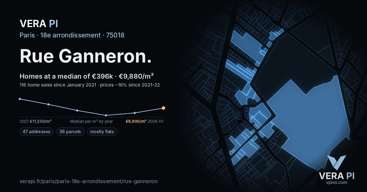 Rue Ganneron, 18e arrondissement at night – every parcel coloured by the prices around it, the street's own parcels lit