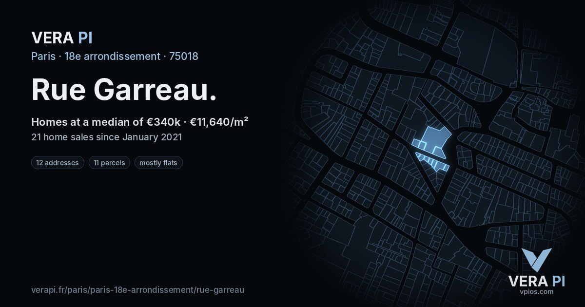 Rue Garreau, 18e arrondissement at night – every parcel coloured by the prices around it, the street's own parcels lit