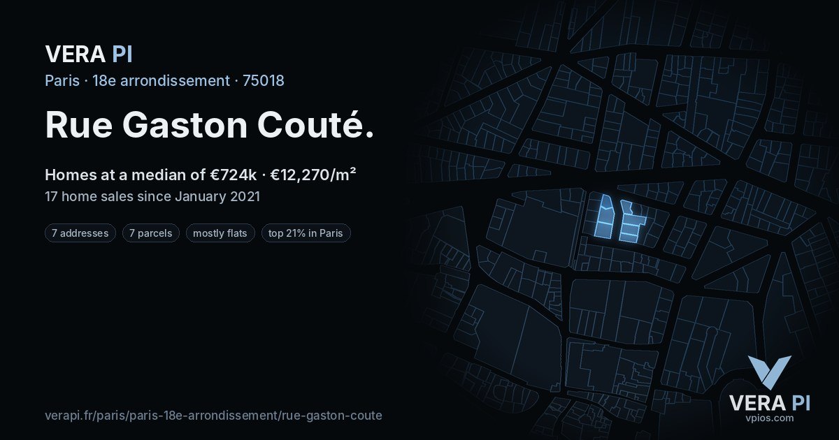 Rue Gaston Couté, 18e arrondissement at night – every parcel coloured by the prices around it, the street's own parcels lit