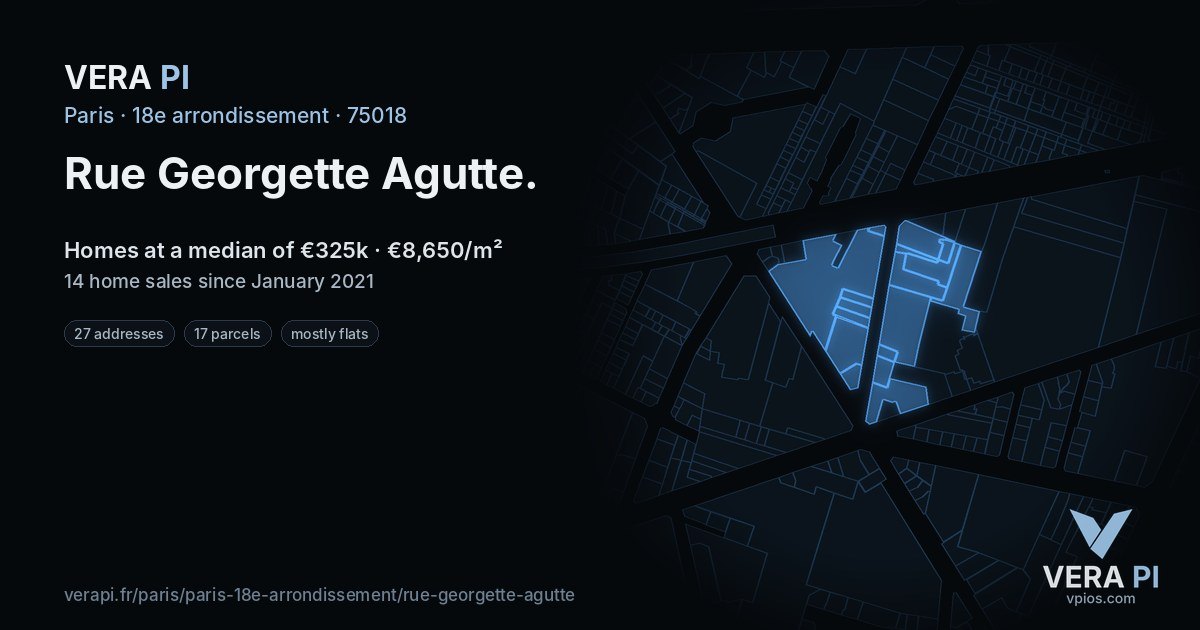 Rue Georgette Agutte, 18e arrondissement at night – every parcel coloured by the prices around it, the street's own parcels lit