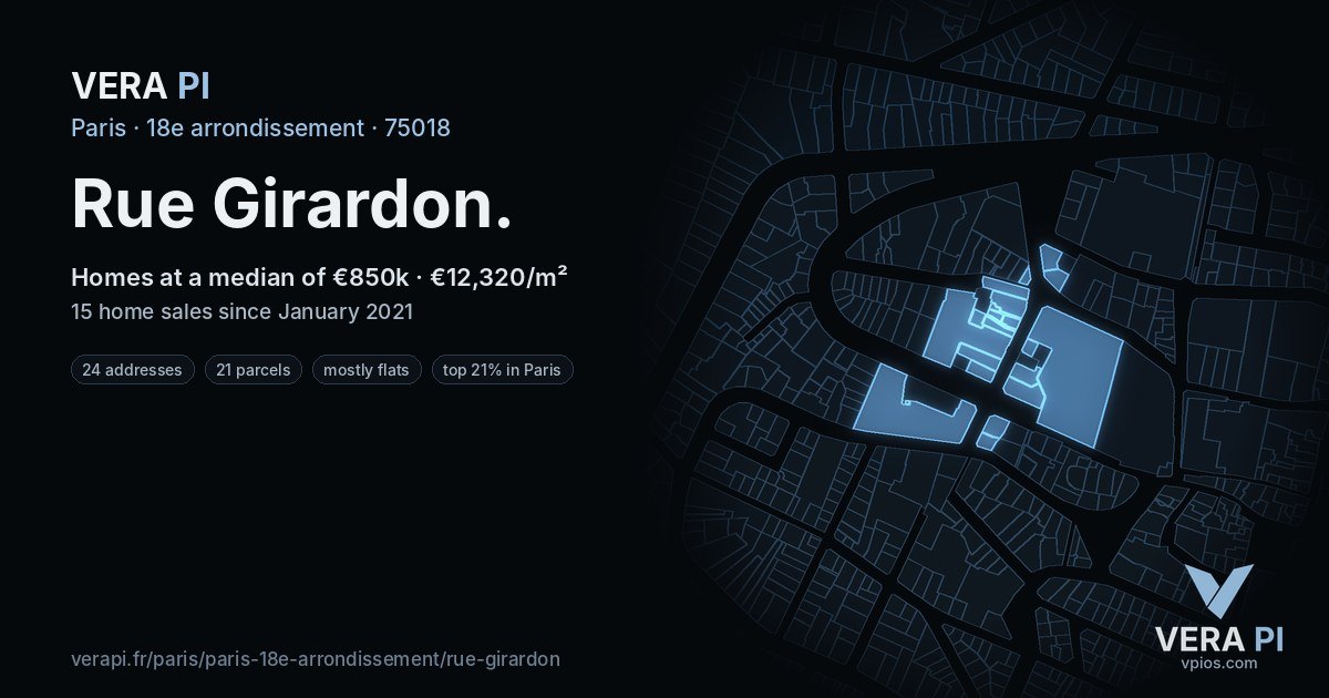 Rue Girardon, 18e arrondissement at night – every parcel coloured by the prices around it, the street's own parcels lit