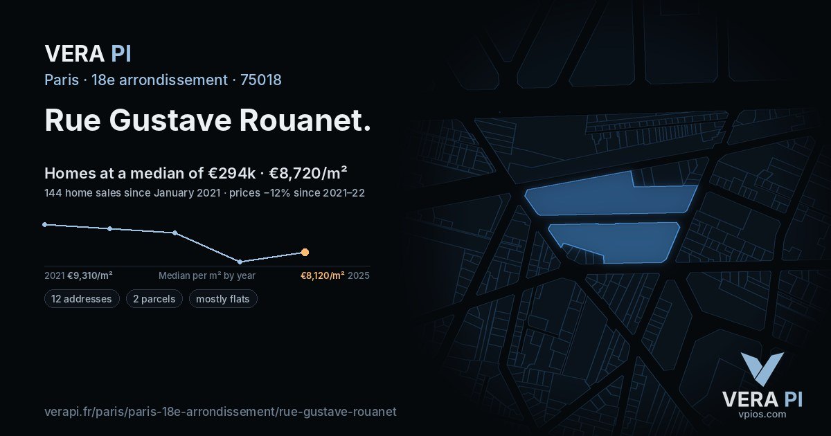 Rue Gustave Rouanet, 18e arrondissement at night – every parcel coloured by the prices around it, the street's own parcels lit