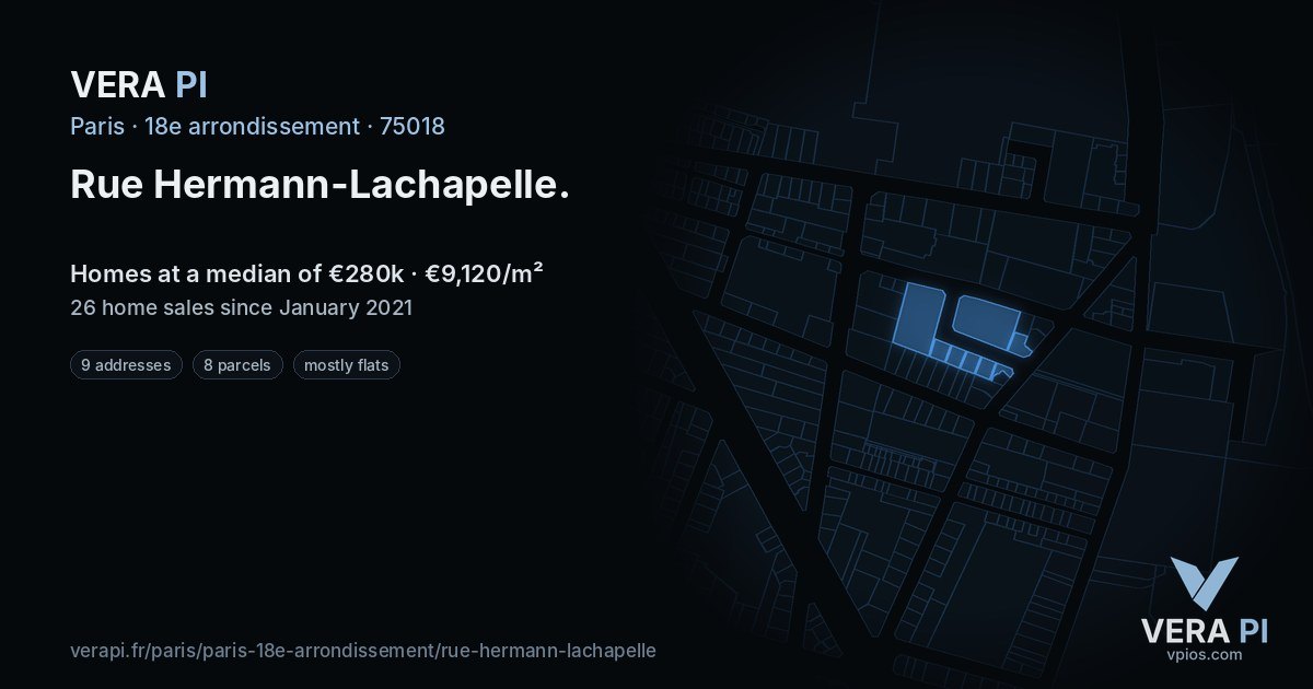 Rue Hermann-Lachapelle, 18e arrondissement at night – every parcel coloured by the prices around it, the street's own parcels lit