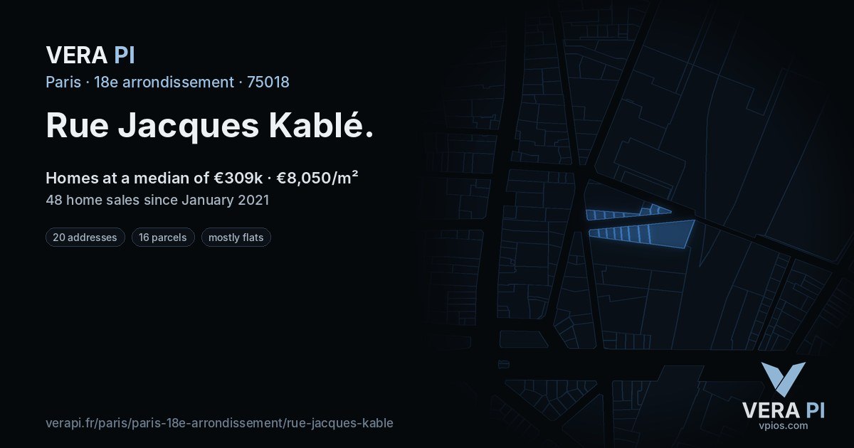 Rue Jacques Kablé, 18e arrondissement at night – every parcel coloured by the prices around it, the street's own parcels lit
