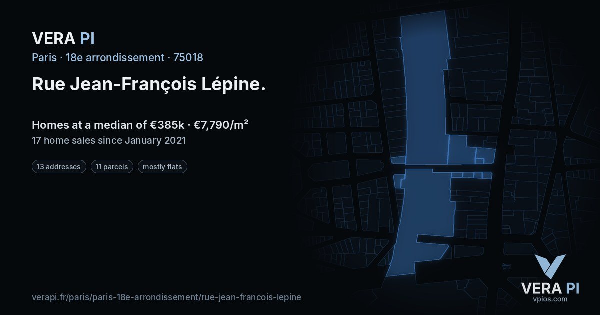 Rue Jean-François Lépine, 18e arrondissement at night – every parcel coloured by the prices around it, the street's own parcels lit