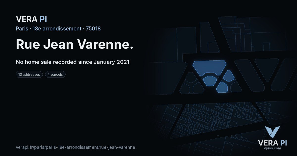 Rue Jean Varenne, 18e arrondissement at night – every parcel coloured by the prices around it, the street's own parcels lit