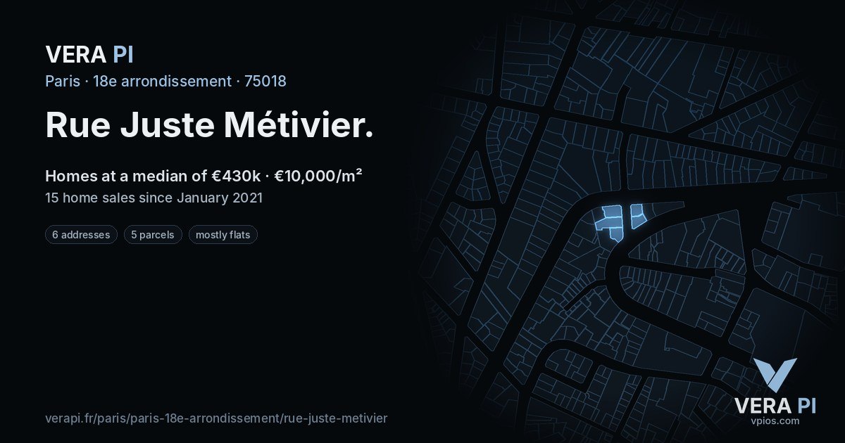 Rue Juste Métivier, 18e arrondissement at night – every parcel coloured by the prices around it, the street's own parcels lit