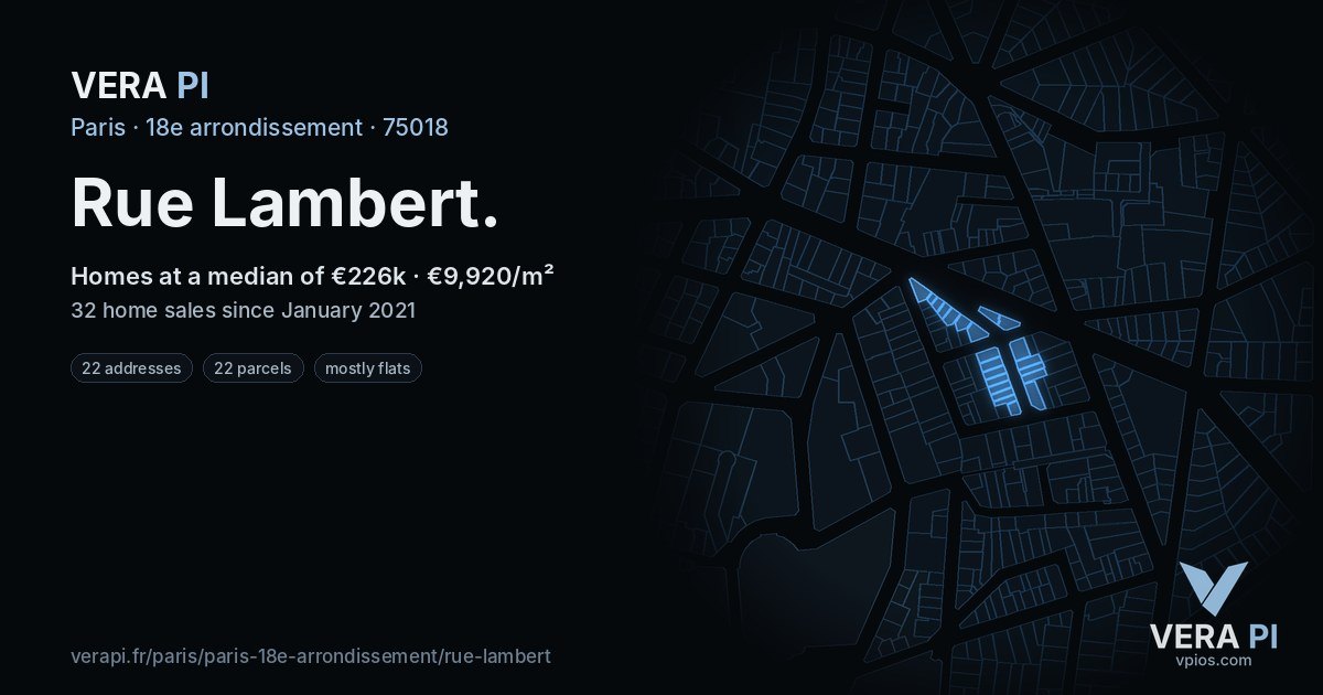 Rue Lambert, 18e arrondissement at night – every parcel coloured by the prices around it, the street's own parcels lit
