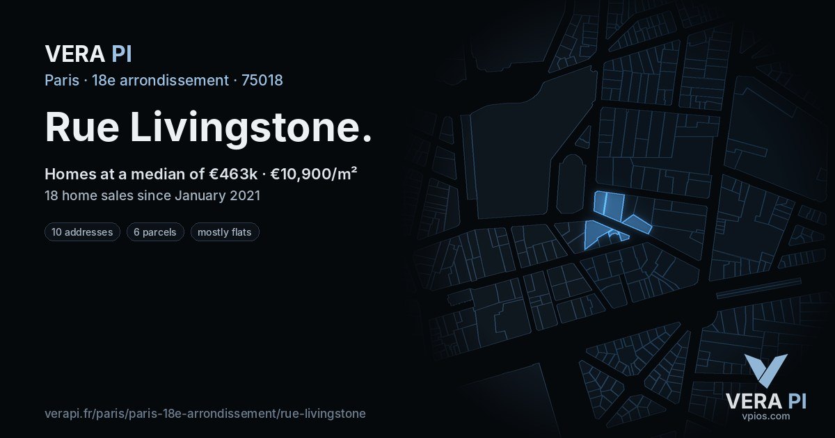 Rue Livingstone, 18e arrondissement at night – every parcel coloured by the prices around it, the street's own parcels lit