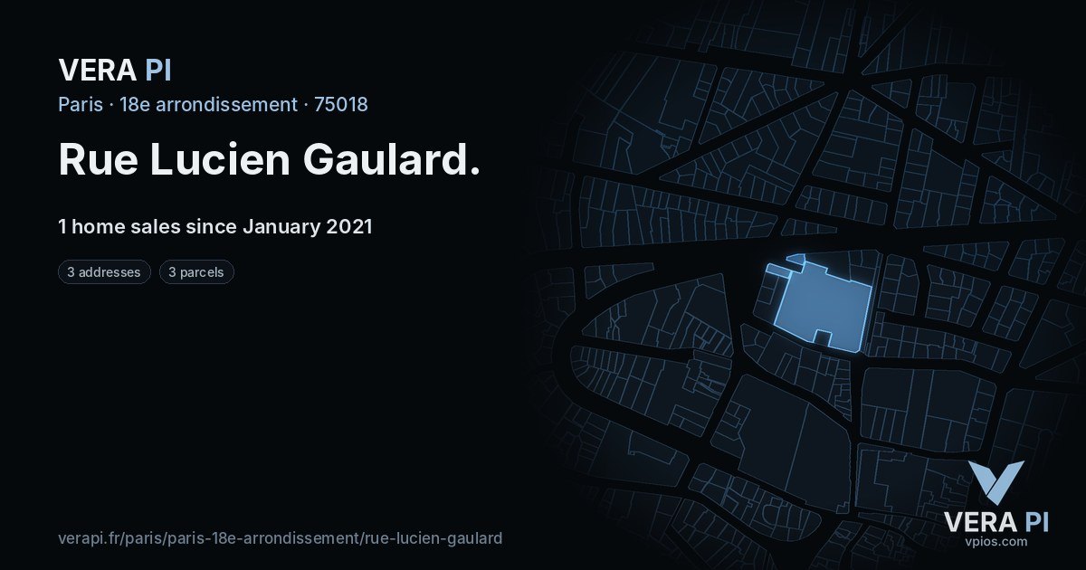 Rue Lucien Gaulard, 18e arrondissement at night – every parcel coloured by the prices around it, the street's own parcels lit