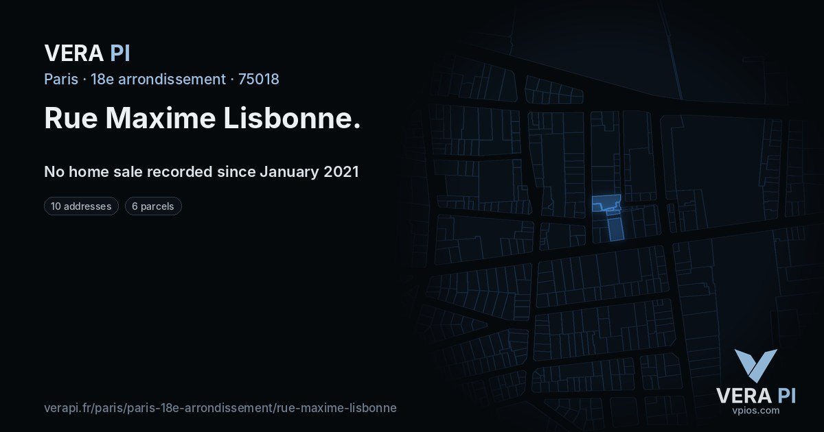 Rue Maxime Lisbonne, 18e arrondissement at night – every parcel coloured by the prices around it, the street's own parcels lit