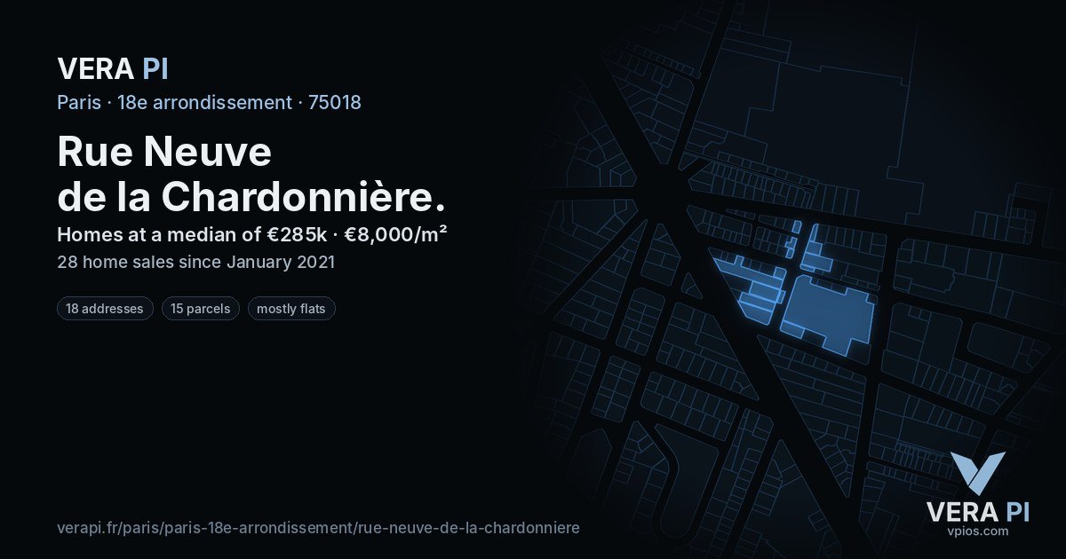 Rue Neuve de la Chardonnière, 18e arrondissement at night – every parcel coloured by the prices around it, the street's own parcels lit