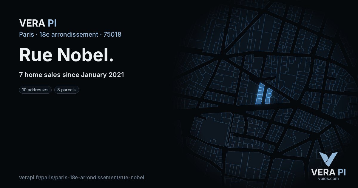 Rue Nobel, 18e arrondissement at night – every parcel coloured by the prices around it, the street's own parcels lit