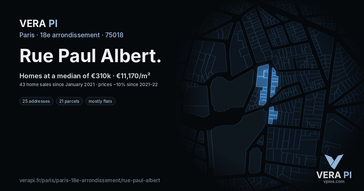 Rue Paul Albert, 18e arrondissement at night – every parcel coloured by the prices around it, the street's own parcels lit