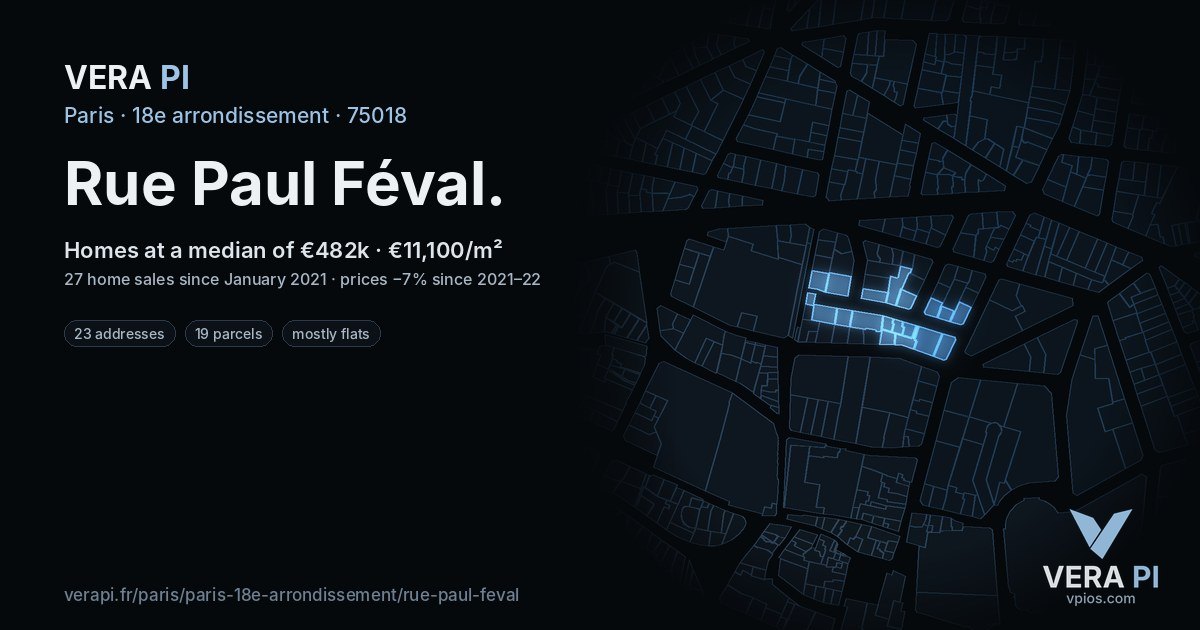 Rue Paul Féval, 18e arrondissement at night – every parcel coloured by the prices around it, the street's own parcels lit