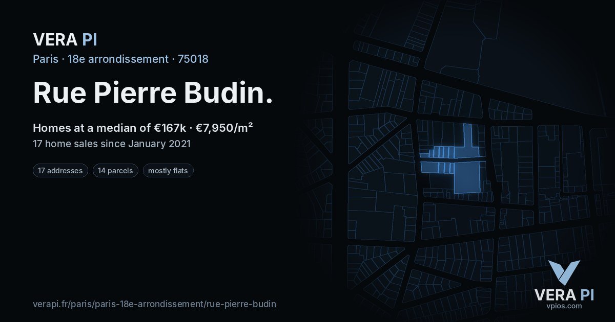 Rue Pierre Budin, 18e arrondissement at night – every parcel coloured by the prices around it, the street's own parcels lit