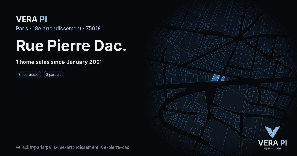 Rue Pierre Dac, 18e arrondissement at night – every parcel coloured by the prices around it, the street's own parcels lit