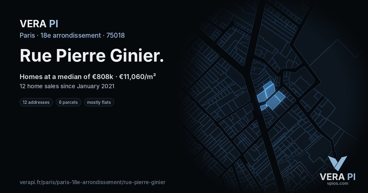 Rue Pierre Ginier, 18e arrondissement at night – every parcel coloured by the prices around it, the street's own parcels lit