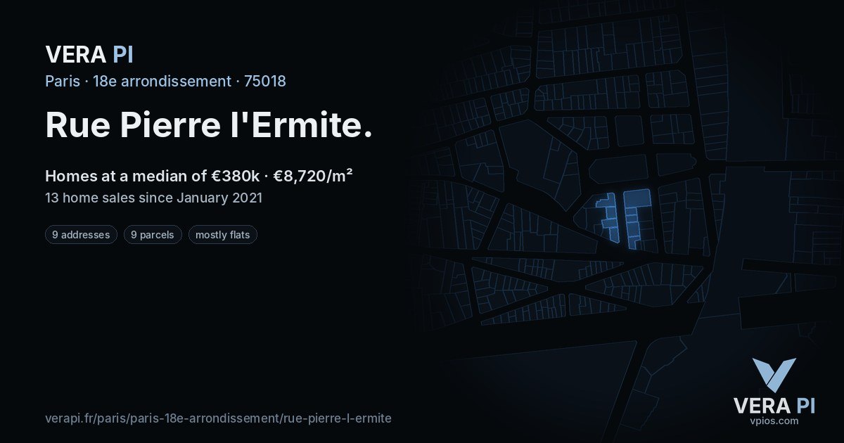 Rue Pierre l'Ermite, 18e arrondissement at night – every parcel coloured by the prices around it, the street's own parcels lit