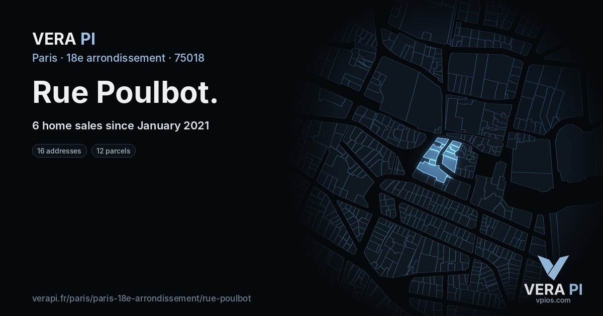 Rue Poulbot, 18e arrondissement at night – every parcel coloured by the prices around it, the street's own parcels lit