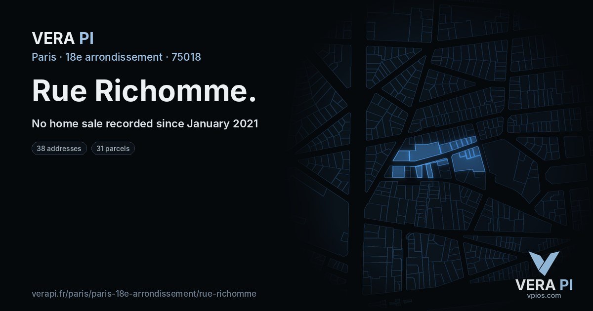 Rue Richomme, 18e arrondissement at night – every parcel coloured by the prices around it, the street's own parcels lit