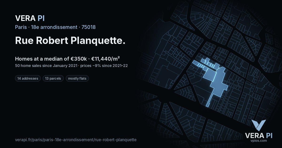 Rue Robert Planquette, 18e arrondissement at night – every parcel coloured by the prices around it, the street's own parcels lit
