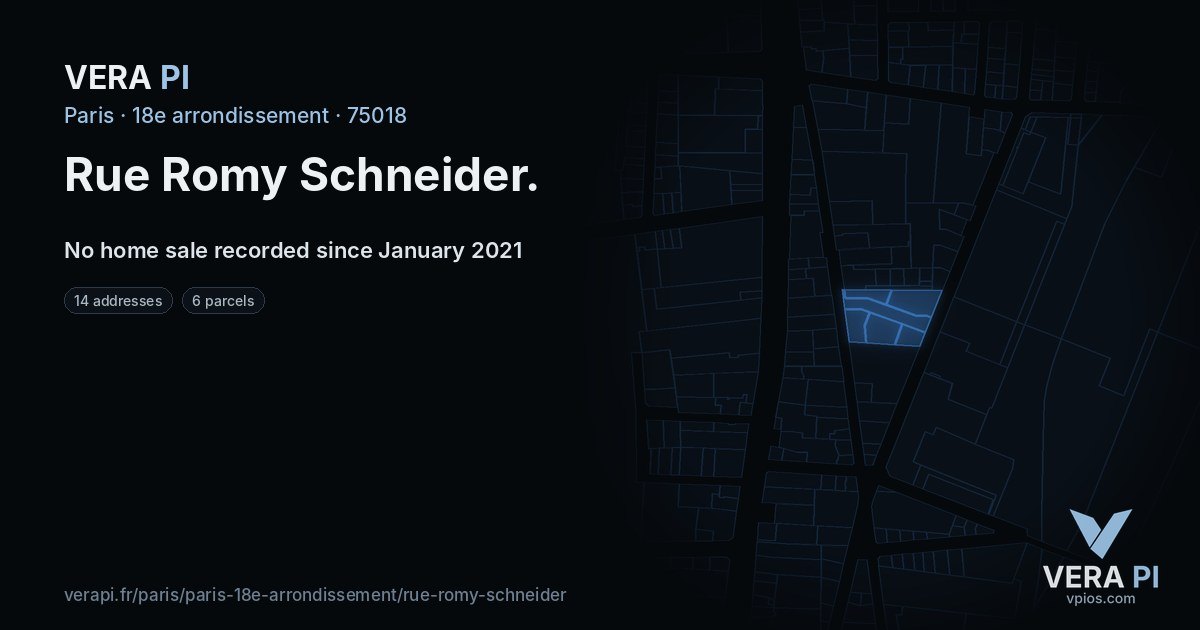 Rue Romy Schneider, 18e arrondissement at night – every parcel coloured by the prices around it, the street's own parcels lit