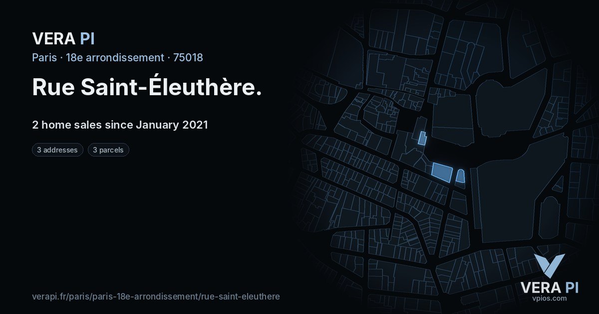 Rue Saint-Éleuthère, 18e arrondissement at night – every parcel coloured by the prices around it, the street's own parcels lit