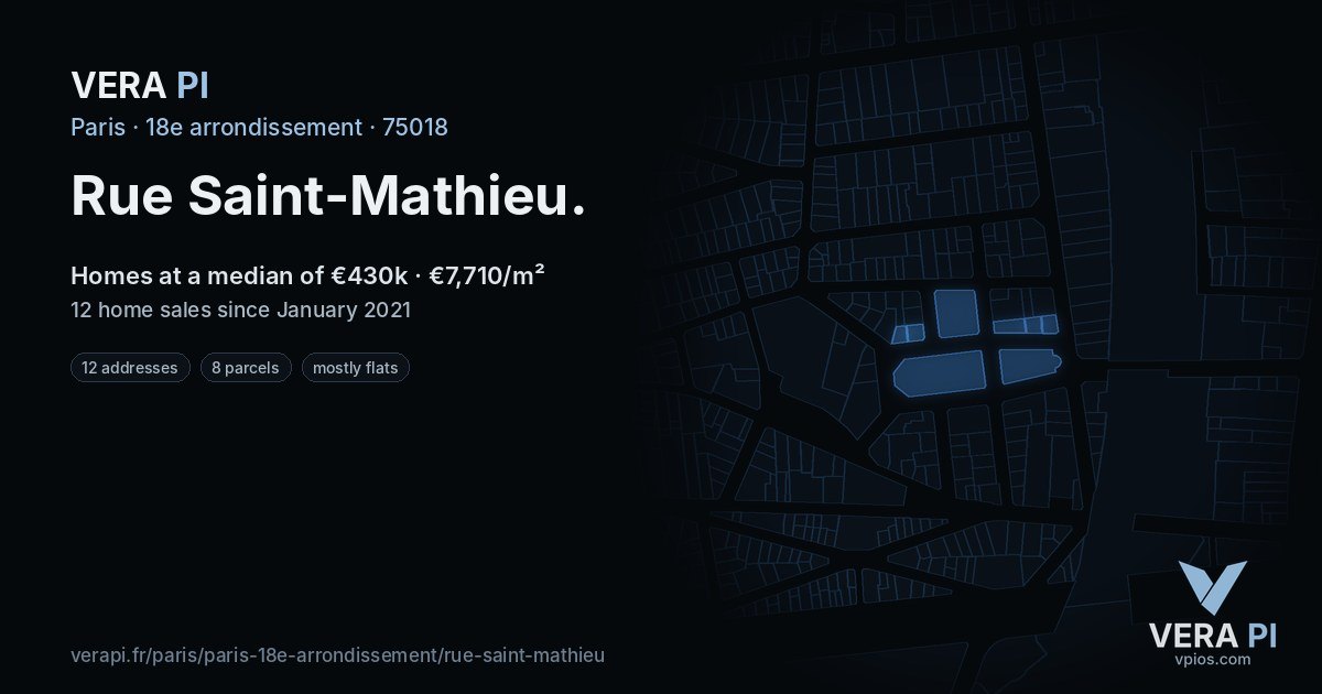 Rue Saint-Mathieu, 18e arrondissement at night – every parcel coloured by the prices around it, the street's own parcels lit