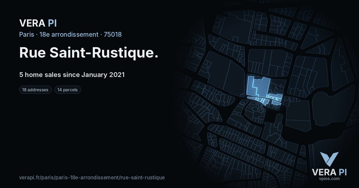 Rue Saint-Rustique, 18e arrondissement at night – every parcel coloured by the prices around it, the street's own parcels lit