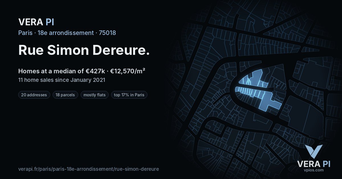 Rue Simon Dereure, 18e arrondissement at night – every parcel coloured by the prices around it, the street's own parcels lit