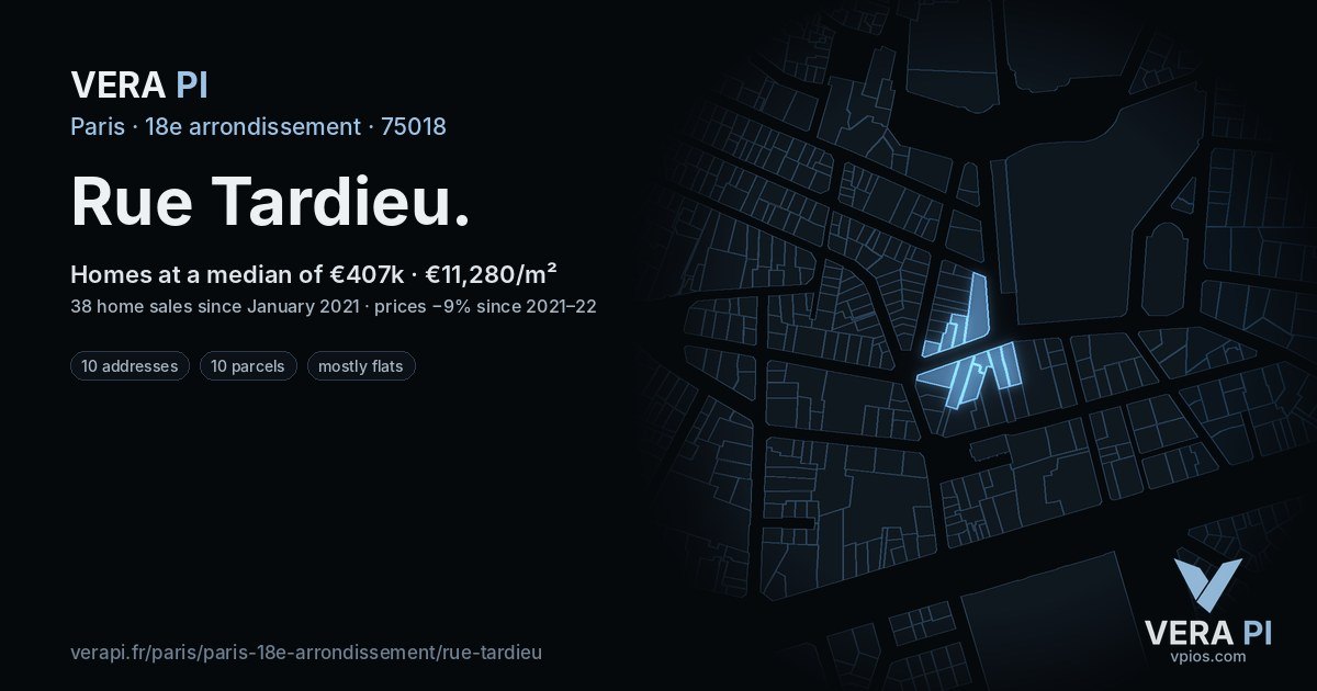 Rue Tardieu, 18e arrondissement at night – every parcel coloured by the prices around it, the street's own parcels lit