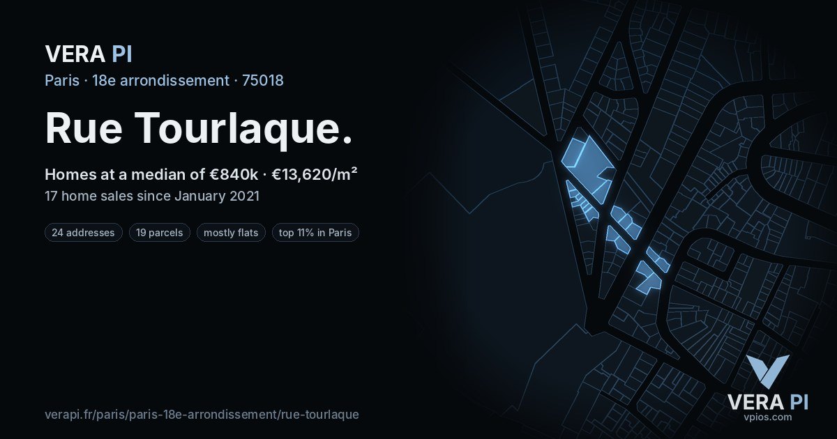 Rue Tourlaque, 18e arrondissement at night – every parcel coloured by the prices around it, the street's own parcels lit