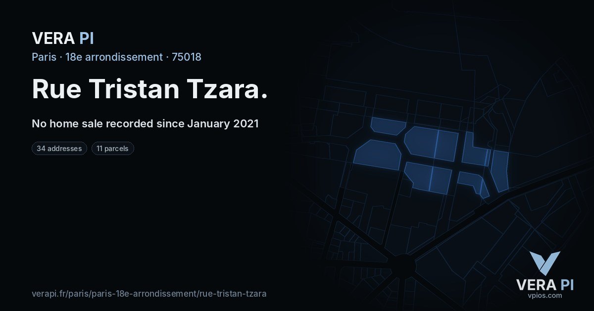 Rue Tristan Tzara, 18e arrondissement at night – every parcel coloured by the prices around it, the street's own parcels lit
