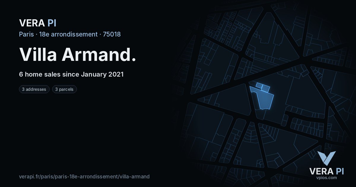 Villa Armand, 18e arrondissement at night – every parcel coloured by the prices around it, the street's own parcels lit