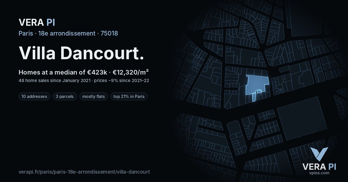 Villa Dancourt, 18e arrondissement at night – every parcel coloured by the prices around it, the street's own parcels lit