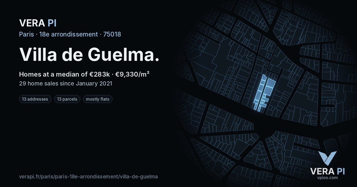 Villa de Guelma, 18e arrondissement at night – every parcel coloured by the prices around it, the street's own parcels lit