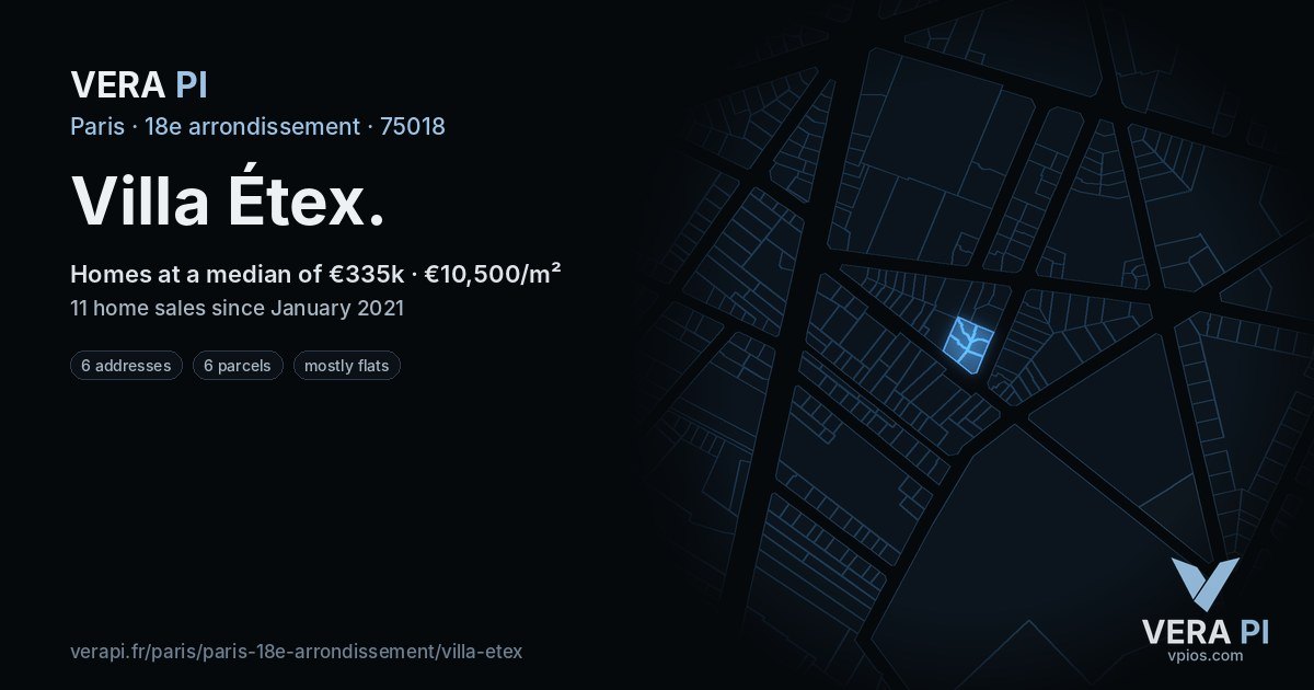 Villa Étex, 18e arrondissement at night – every parcel coloured by the prices around it, the street's own parcels lit