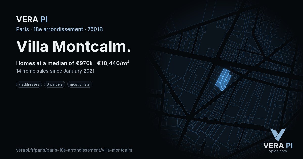 Villa Montcalm, 18e arrondissement at night – every parcel coloured by the prices around it, the street's own parcels lit