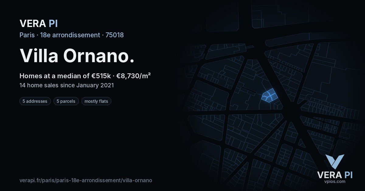Villa Ornano, 18e arrondissement at night – every parcel coloured by the prices around it, the street's own parcels lit