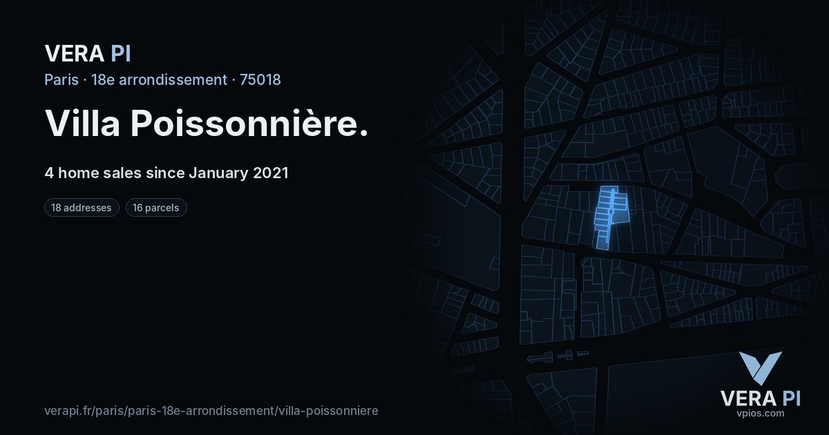 Villa Poissonnière, 18e arrondissement at night – every parcel coloured by the prices around it, the street's own parcels lit