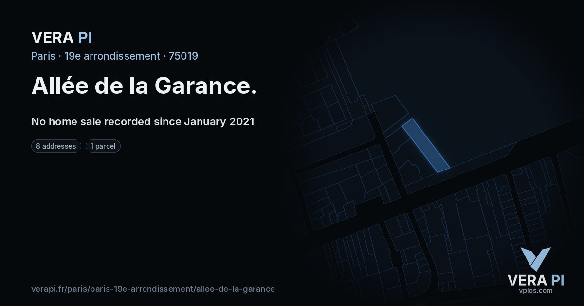 Allée de la Garance, 19e arrondissement at night – every parcel coloured by the prices around it, the street's own parcels lit