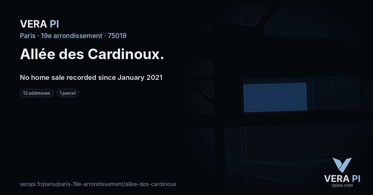 Allée des Cardinoux, 19e arrondissement at night – every parcel coloured by the prices around it, the street's own parcels lit