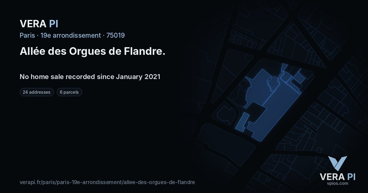 Allée des Orgues de Flandre, 19e arrondissement at night – every parcel coloured by the prices around it, the street's own parcels lit