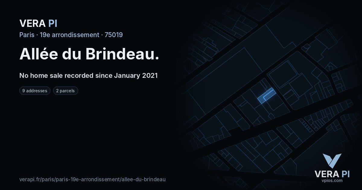 Allée du Brindeau, 19e arrondissement at night – every parcel coloured by the prices around it, the street's own parcels lit