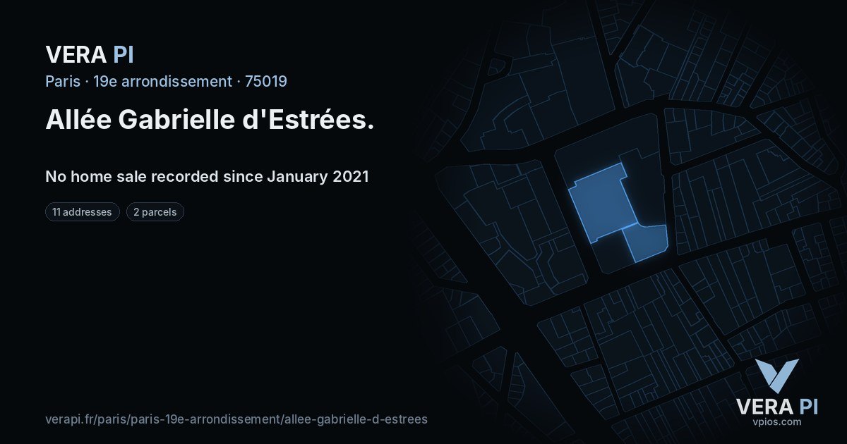 Allée Gabrielle d'Estrées, 19e arrondissement at night – every parcel coloured by the prices around it, the street's own parcels lit